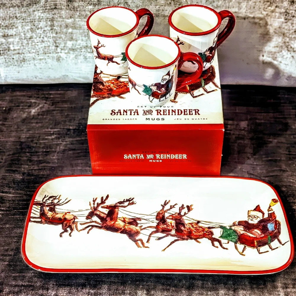 WILLIAMS & SONOMA Santa & His Reindeer Mugs (3) & Platter Set By MARK LACAZE